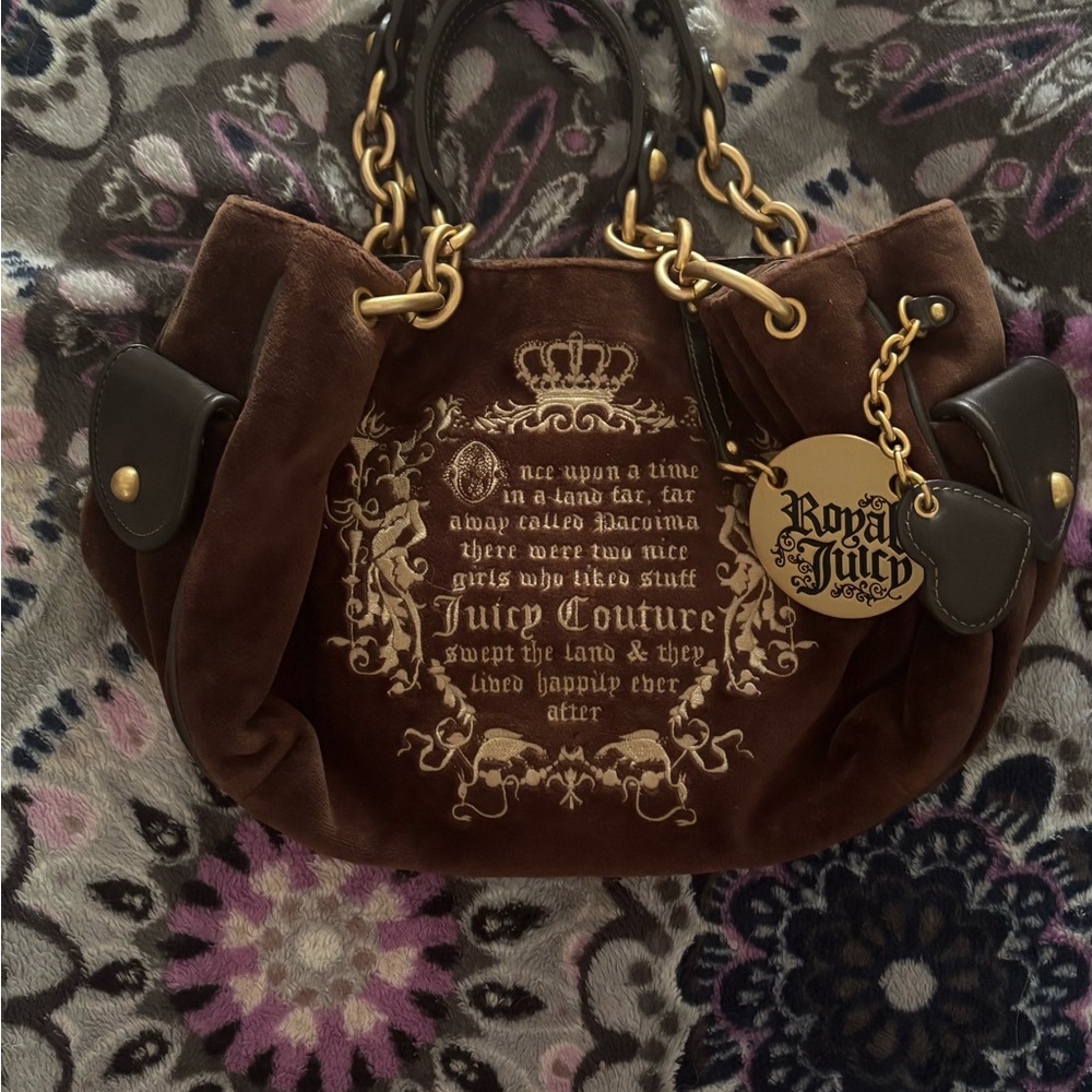 Vintage Juicy Couture Once Upon a Time Brown Shoulder Bag with Gold Accents